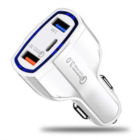Зарядно за кола с 3 USB изхода - QC 3.0 USB, USB изход, Type-C изход - цвят бял