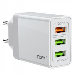 Универсално зарядно марка TOPK с три USB изхода - цвят бял