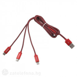 Плетен кабел три в едно марка Fineblue - цвят червен