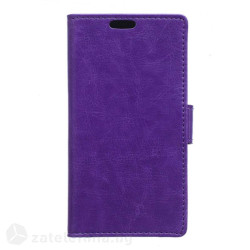 Кожен калъф тип портмоне с гладка кожа за Alcatel One Touch Pixi 3, 4.5 инча - лилав