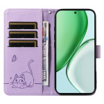Кожен калъф тип портмоне с котка за Honor Magic8 Lite - лилав - 1 Кожен калъф тип портмоне с котка за Honor Magic8 Lite - лилав - 1