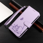 Кожен калъф тип портмоне с котка за Honor Magic8 Lite - лилав - 0 Кожен калъф тип портмоне с котка за Honor Magic8 Lite - лилав - 0