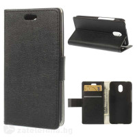 Кожен калъф тип портмоне с метална пластина за HTC Desire 210 - черен