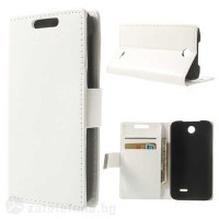 Кожен калъф тип портмоне с метална пластина за HTC Desire 310 - бял