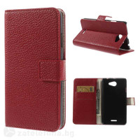 Кожен калъф тип портмоне с грапава кожа за HTC Desire 516 - червен