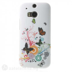 Пластмасов калъф за HTC One M8 - бял с пеперуди