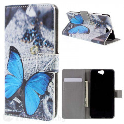 Кожен калъф тип портмоне за HTC One A9 - синя пеперуда