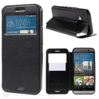 Кожен калъф страничен флип марка Roar с прозорче за HTC One M9 - черен