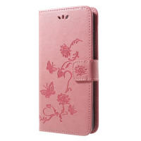 Кожен калъф тип портмоне с цветя и пеперуди за Huawei P20 Pro - розов