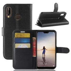 Кожен калъф тип портмоне с кръгло капаче за Huawei P20 Lite - черен