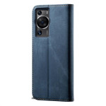 Калъф страничен флип от кожа и текстил за Huawei P60 Pro - тъмно син - 2