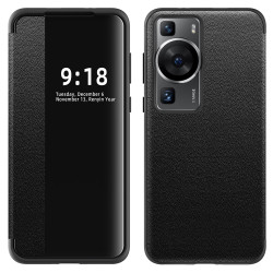 Кожен калъф тип портмоне с прозорче за Huawei P60 Pro - черен