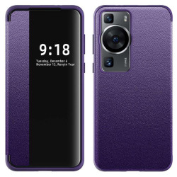 Кожен калъф тип портмоне с прозорче за Huawei P60 Pro - лилав