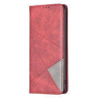 Кожен калъф тип портмоне марка BINFEN COLOR за Honor Magic7 Lite 5G - червен със сив триъгълник