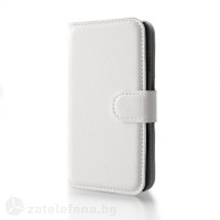 Кожен калъф тип портмоне с кръгло капаче за LG L70 D320 One SIM - бял