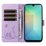Кожен калъф тип портмоне с котка за Samsung Galaxy A26 5G - лилав - 0 Кожен калъф тип портмоне с котка за Samsung Galaxy A26 5G - лилав - 0