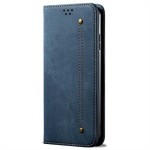 Калъф страничен флип от кожа и текстил за Samsung Galaxy A26 5G - тъмно син Калъф страничен флип от кожа и текстил за Samsung Galaxy A26 5G - тъмно син