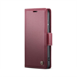 Кожен калъф страничен flip марка CASEME за Samsung Galaxy S25 &ndash; винено червен