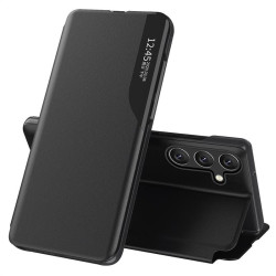 Тънък кожен калъф тип портмоне с прозорче за Samsung Galaxy S25 &ndash; черен