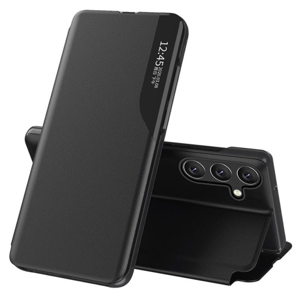 Тънък кожен калъф тип портмоне с прозорче за Samsung Galaxy S25 – черен Тънък кожен калъф тип портмоне с прозорче за Samsung Galaxy S25 – черен