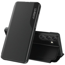 Тънък кожен калъф тип портмоне с прозорче за Samsung Galaxy S25+ &ndash; черен