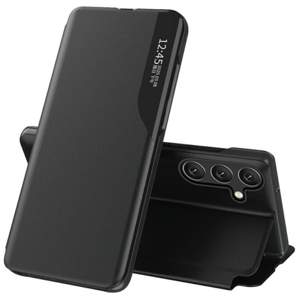Тънък кожен калъф тип портмоне с прозорче за Samsung Galaxy S25+ – черен Тънък кожен калъф тип портмоне с прозорче за Samsung Galaxy S25+ – черен