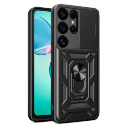 Хибриден гръб със стойка и слайдър за камера за Samsung Galaxy S25 Ultra - черен