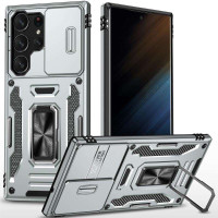 Хибриден гръб със стойка и слайдър за камера за Samsung Galaxy S25 Ultra - сив