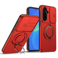 Хибриден гръб с кръгла стойка и слайдър за камера за Samsung Galaxy S26 FE - червен