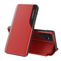 Тънък кожен калъф тип портмоне с прозорче за Samsung Galaxy S26 Ultra - червен