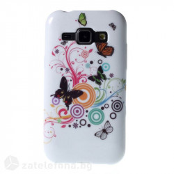 Гланциран силиконов калъф за Samsung Galaxy J1 - бял с пеперуди