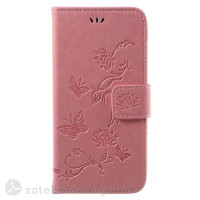 Кожен калъф тип портмоне с цветя и пеперуди за Samsung Galaxy J7 2017 - розов