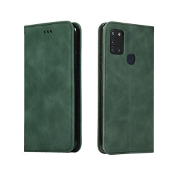 Кожен калъф тип портмоне с магнитна закопчалка за Samsung Galaxy A21s - зелен