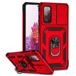 Хибриден гръб със стойка и слайдер за камера за Samsung Galaxy S20 FE - червен
