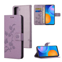 Кожен калъф тип портмоне с цветя и пеперуди за Samsung Galaxy S21 - лилав