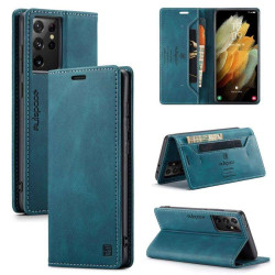 Кожен калъф страничен flip марка AUTSPACE за Samsung Galaxy S21 Ultra – тюркоазен