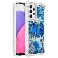 Силиконов гръб с течност с брокат за Samsung Galaxy A33 5G - синя пеперуда