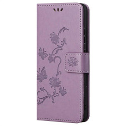 Кожен калъф тип портмоне с цветя и пеперуди за Samsung Galaxy A53 5G - лилав