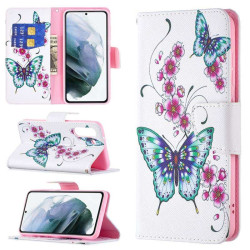 Калъф тип портмоне за Samsung Galaxy S21 FE - зелени пеперуди