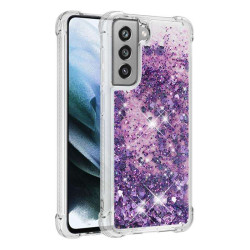 Силиконов гръб с течност с брокат за Samsung Galaxy S21 FE - лилав