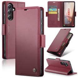 Кожен калъф страничен flip марка CASEME за Samsung Galaxy S23 FE – винено червен