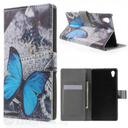 Кожен калъф тип портмоне за Sony Xperia Z5 - синя пеперуда