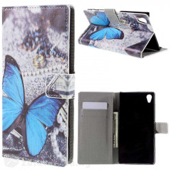 Кожен калъф тип портмоне за Sony Xperia Z5 Premium - синя пеперуда