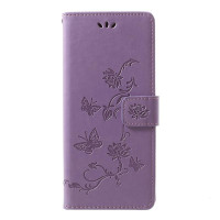 Кожен калъф тип портмоне с цветя и пеперуди за Sony Xperia 1 - лилав