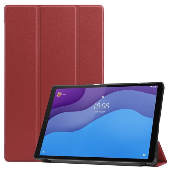 Кожен калъф със сгъващ се капак за Lenovo Tab M10 2nd Gen - винено червен