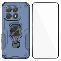 Комплект хибриден гръб със стойка за Xiaomi 15T - тъмно син и ударостойчив протектор за екран 