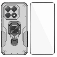 Комплект хибриден гръб със стойка за Xiaomi 15T - сив и ударостойчив протектор за екран 