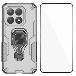 Комплект хибриден гръб със стойка за Xiaomi 15T - сив и ударостойчив протектор за екран 