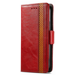 Кожен калъф тип портмоне за Xiaomi Redmi 14C - червен с лента