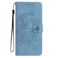 Кожен калъф тип портмоне с цветя и пеперуди за Xiaomi Redmi Note 14 5G - син